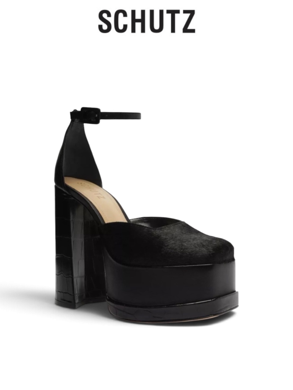 SCHUTZ LUANN BLACK CALF HAIR CROC EMBOSSED LEATHER PLATFORM HEELS SIZE 9.5